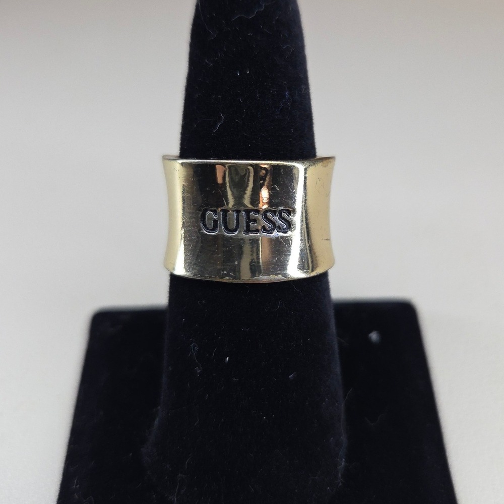 Vintage GUESS Gold Tone Wide Concave Logo Band Ring Size 8 AS IS